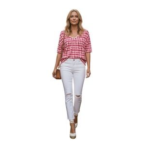 Gerard Darel Paris 100% Linen Pink Ikat Print V-Neck Knit Top Sz 1 Fits S/M $195